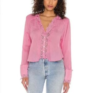 Free People Pink lace button up blouse with ruffle collar and sleeves